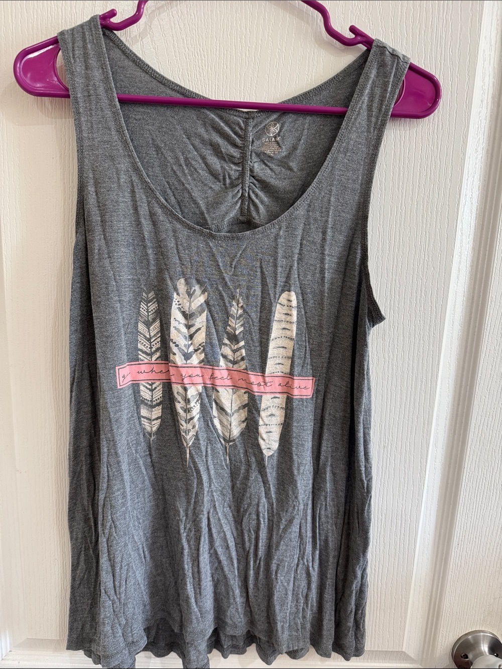 GAIAM Gray Tank with Feather Graphic and Pink Accent
